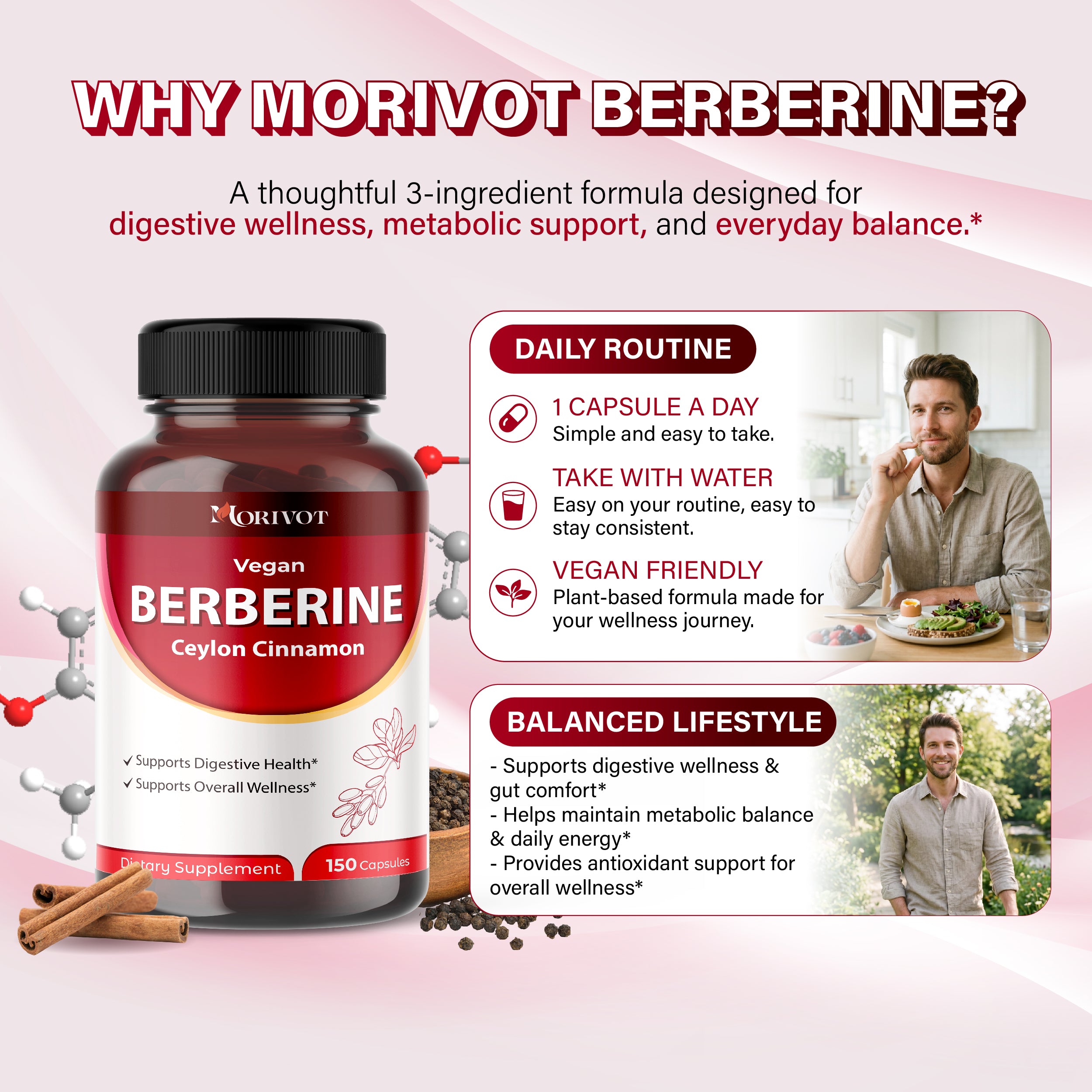 MORIVOT Berberine HCl Supplement - 150 Capsules