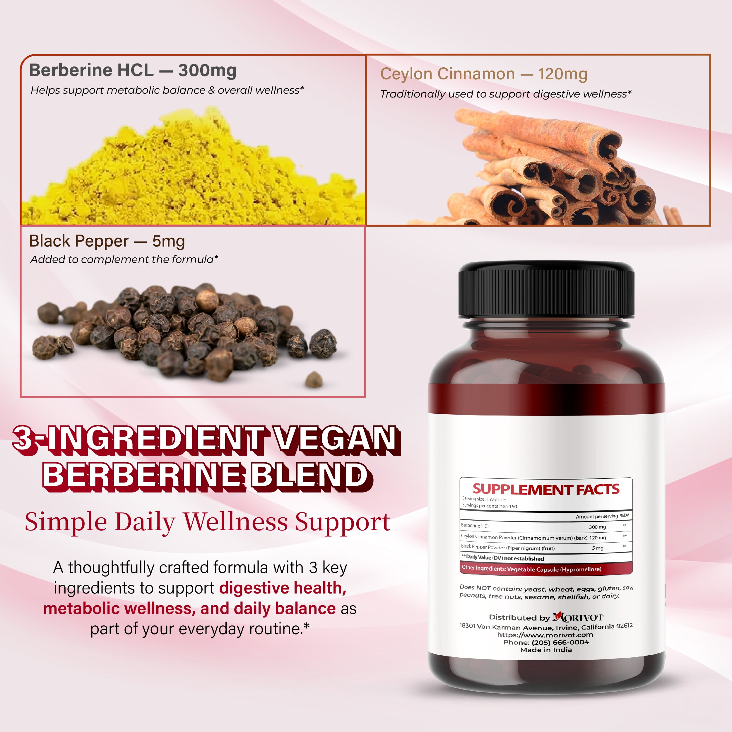 MORIVOT Berberine HCl Supplement - 150 Capsules