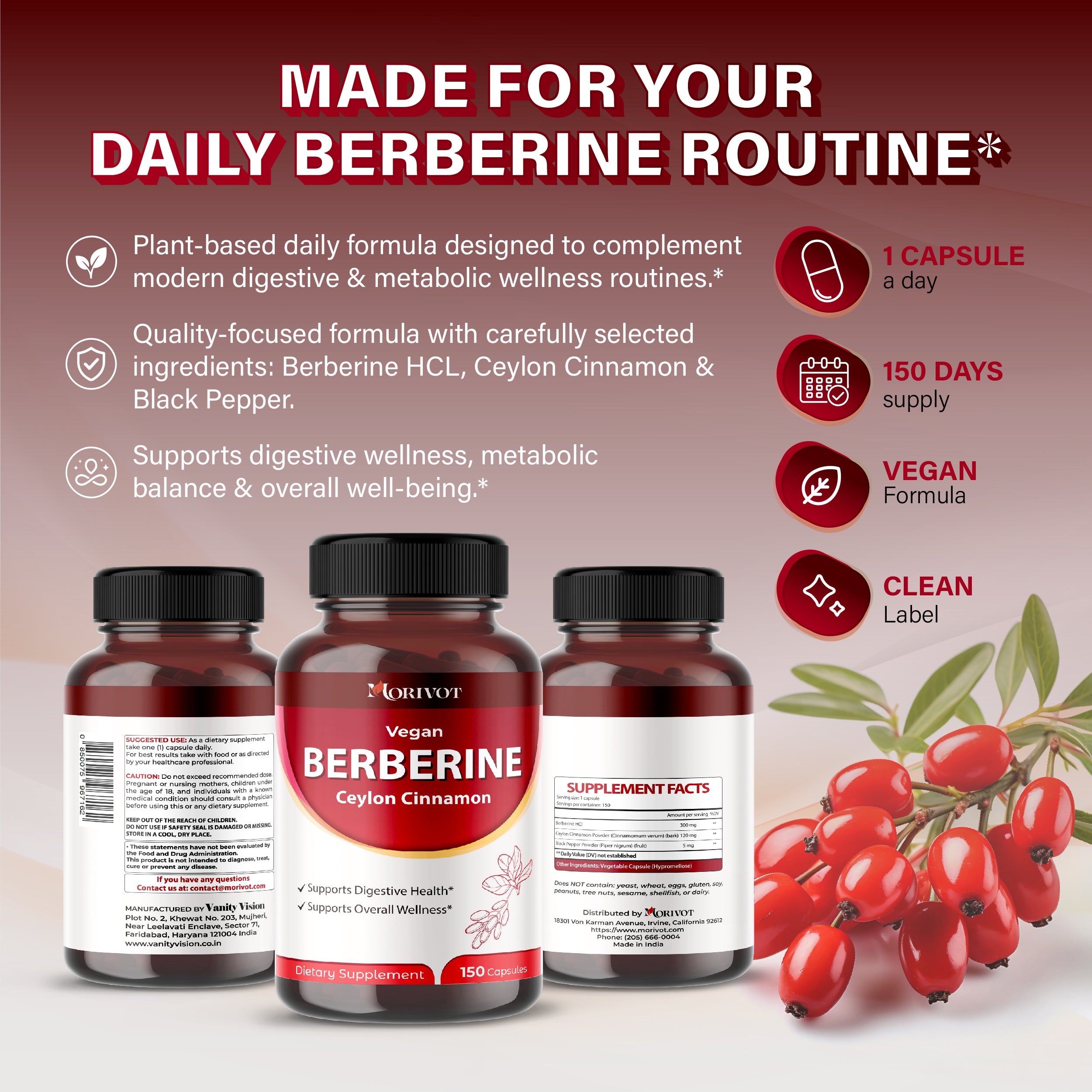 MORIVOT Berberine HCl Supplement - 150 Capsules