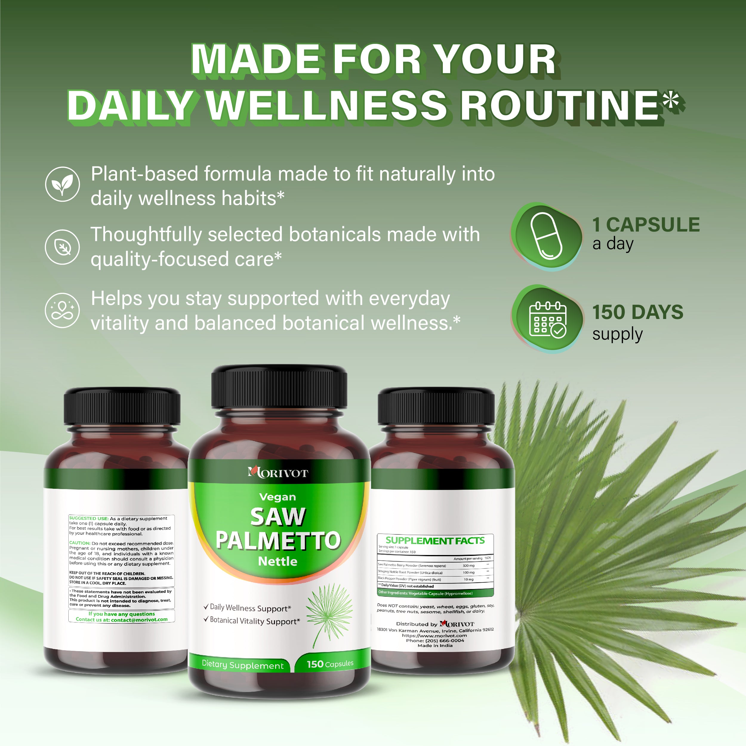 MORIVOT Saw Palmetto Supplement - 150 Capsules