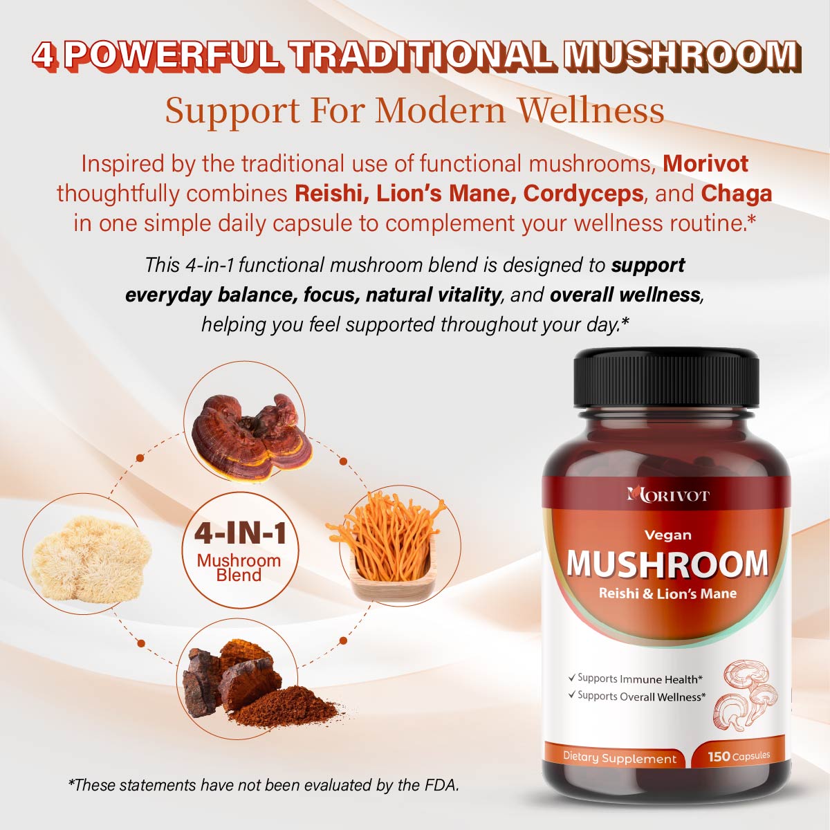 MORIVOT Mushroom Supplement - 150 Capsules