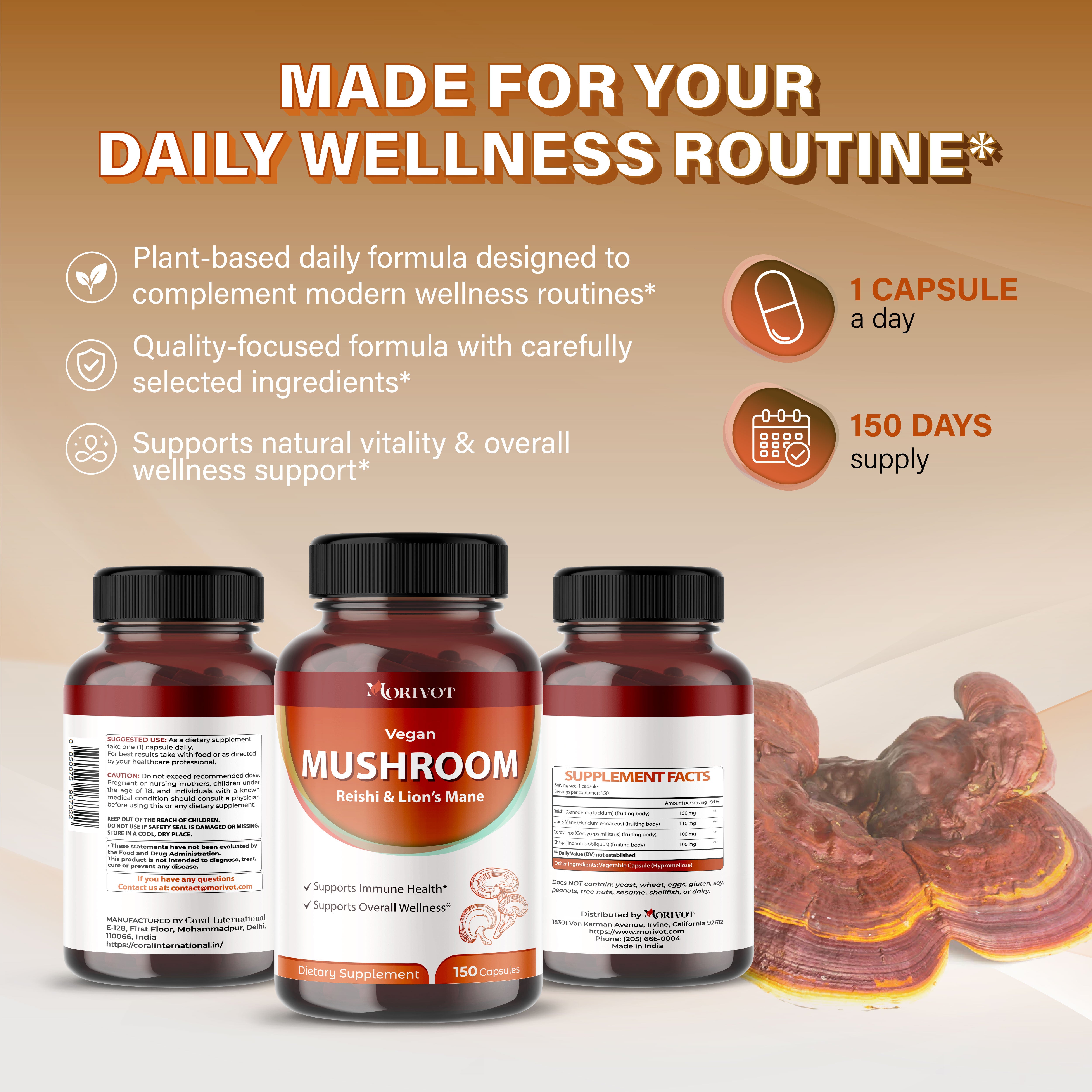 MORIVOT Mushroom Supplement - 150 Capsules