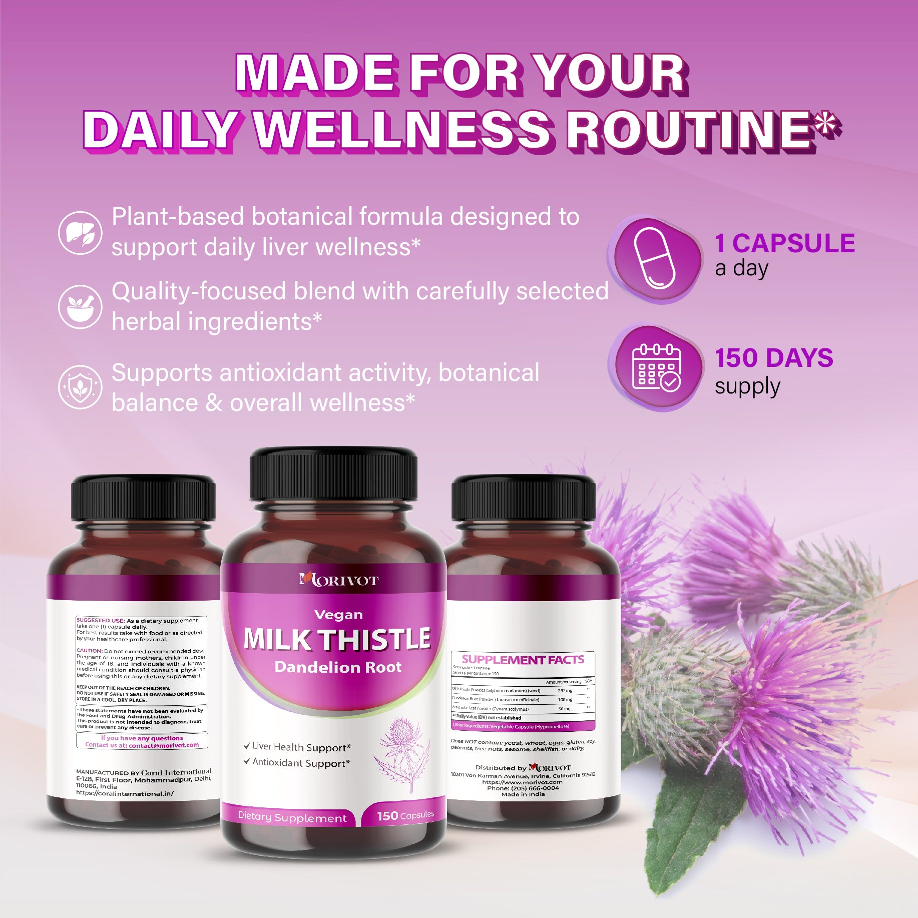 MORIVOT Milk Thistle Supplement - 150 Capsules