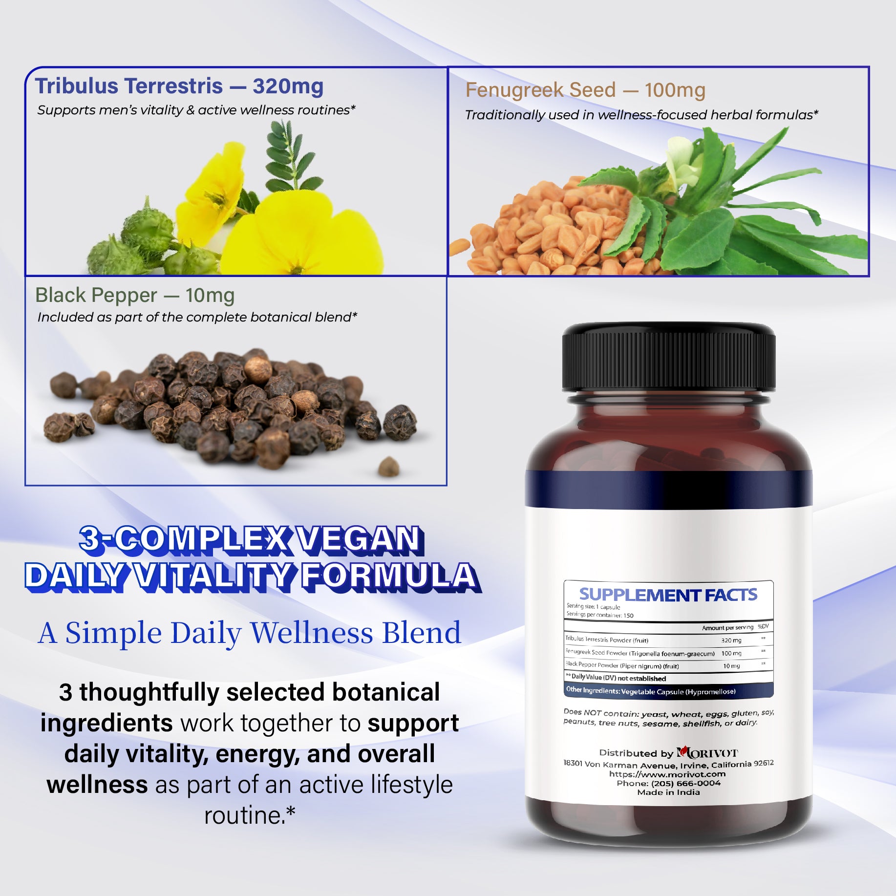 MORIVOT Tribulus Terrestris Supplement - 150 Capsules