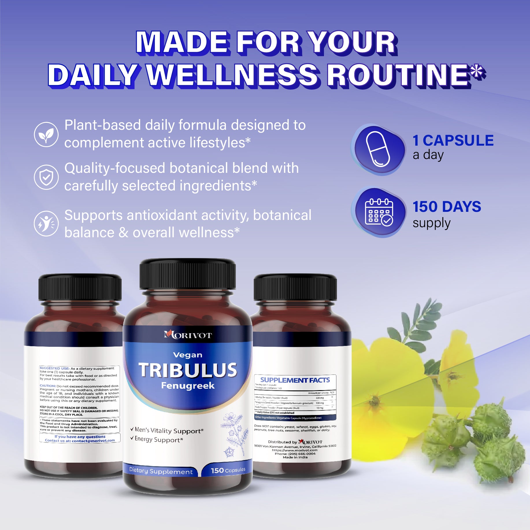 MORIVOT Tribulus Terrestris Supplement - 150 Capsules