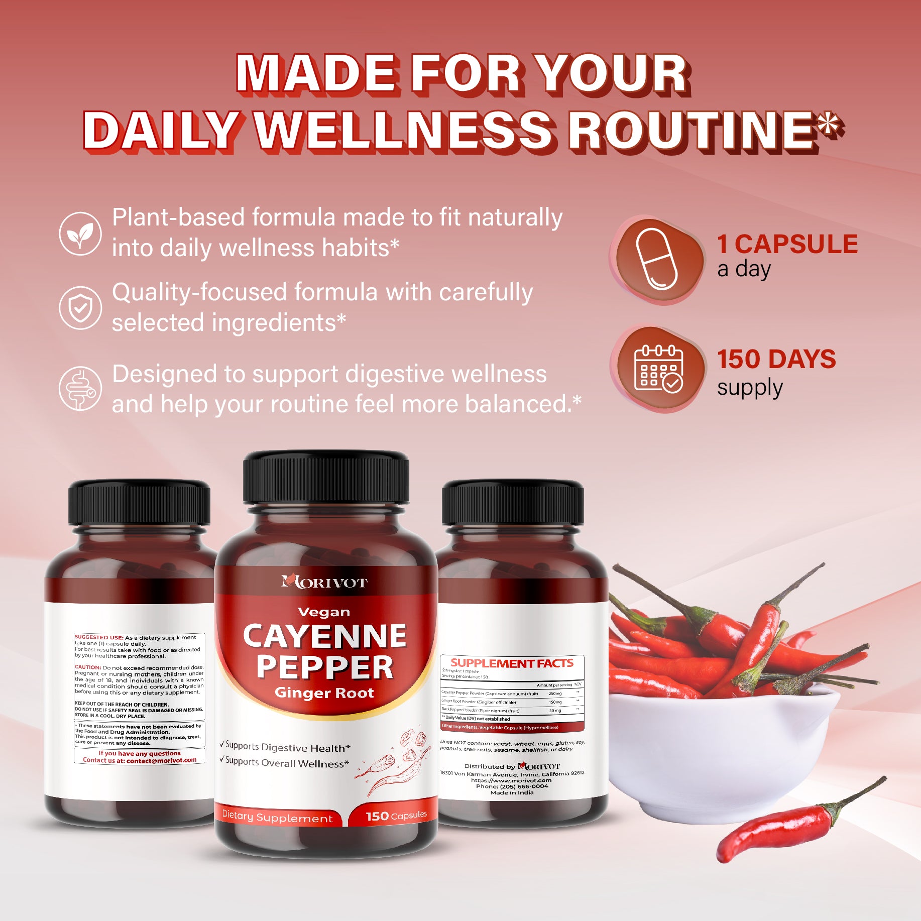 MORIVOT Cayenne Pepper Supplement - 150 Capsules