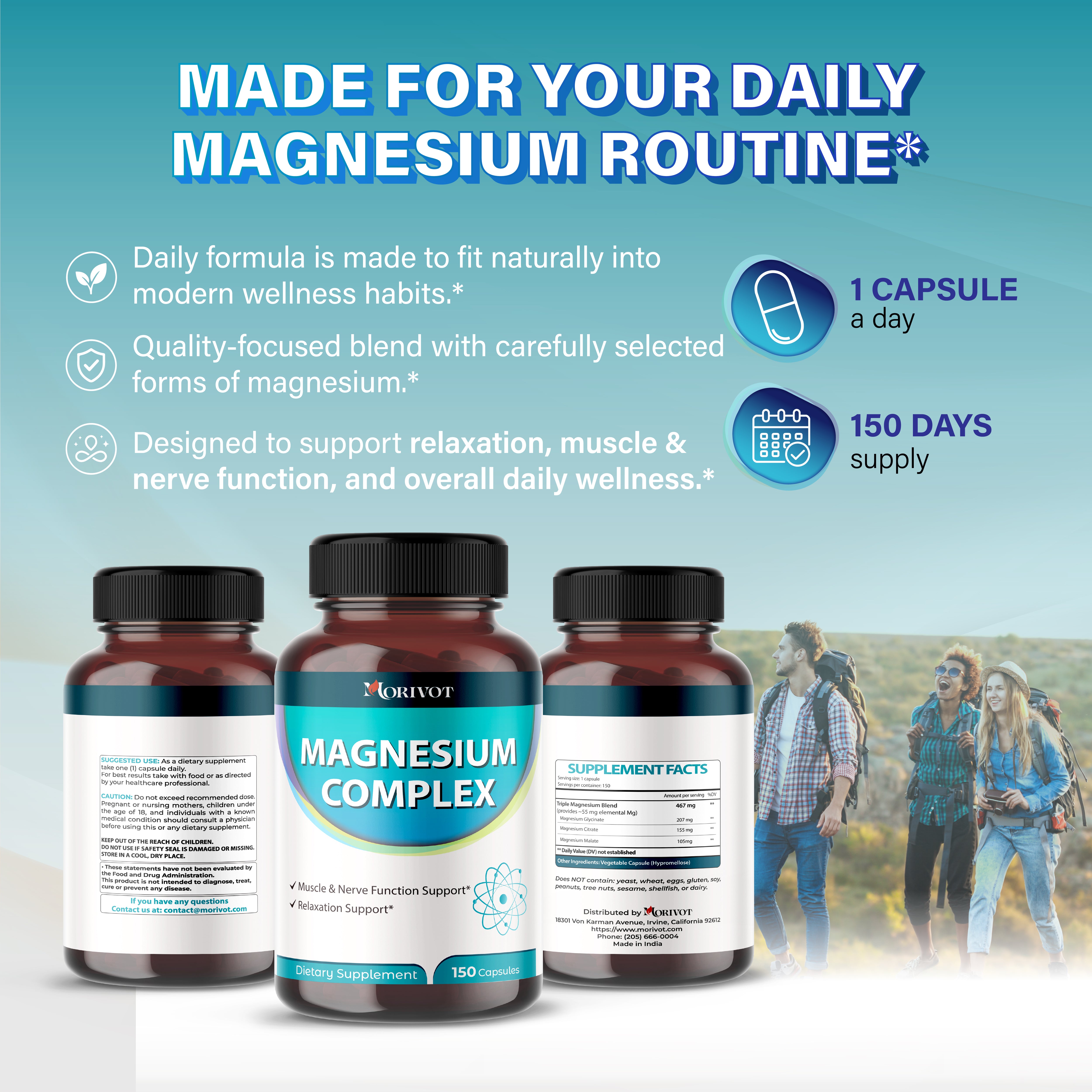 MORIVOT Triple Magnesium Blend Supplement - 150 Capsules