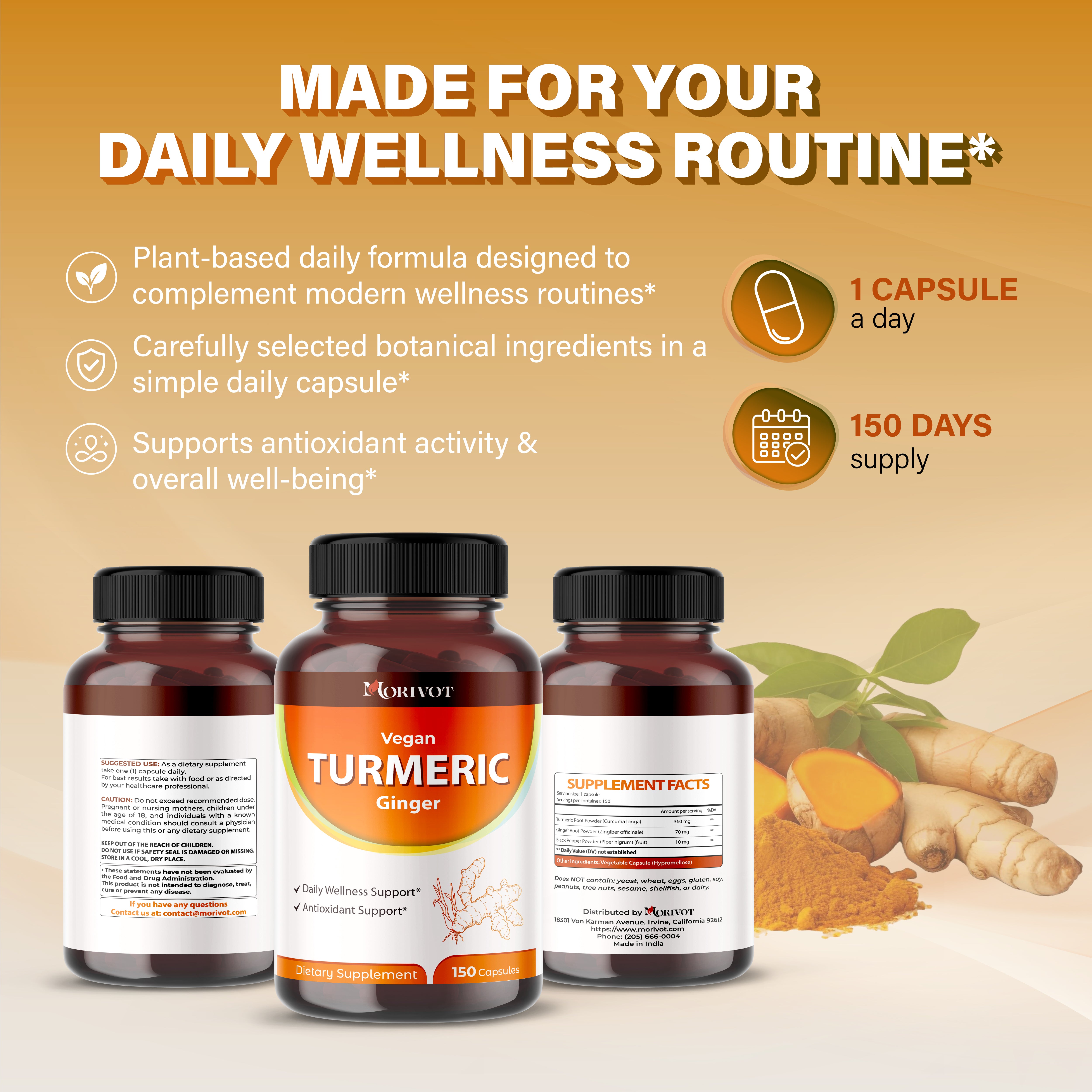 MORIVOT Turmeric Ginger Supplement - 150 Capsules