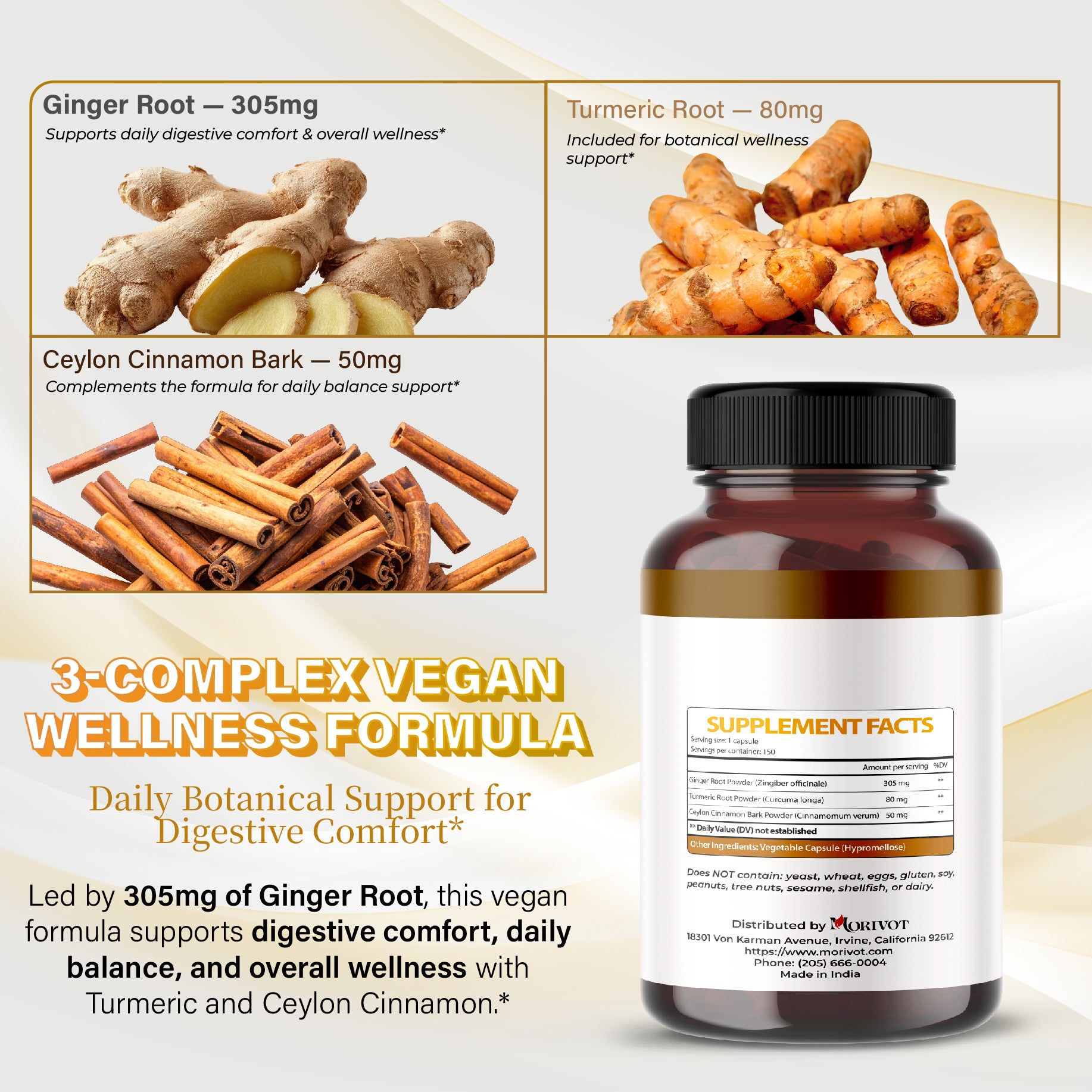 MORIVOT Ginger Root Turmeric Supplement - 150 Capsules