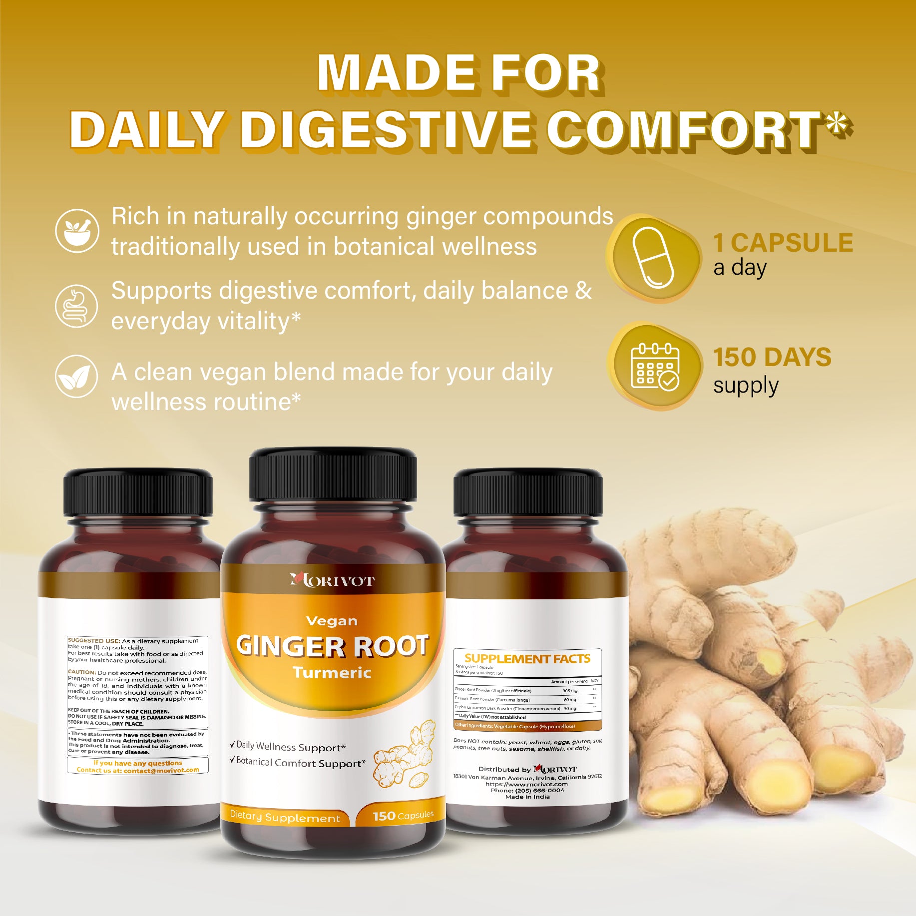 MORIVOT Ginger Root Turmeric Supplement - 150 Capsules