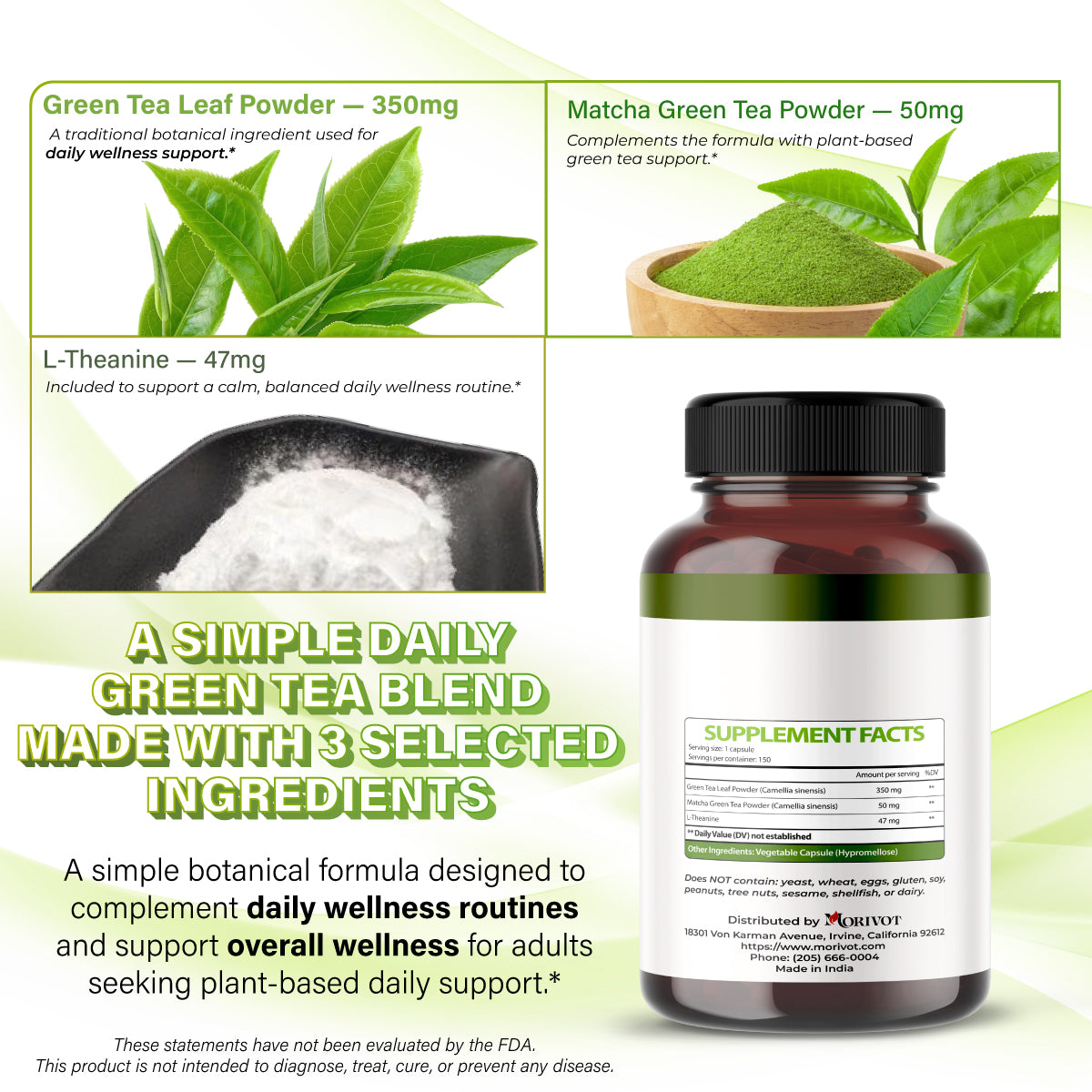 MORIVOT Green Tea L-Theanine Supplement - 150 Capsules