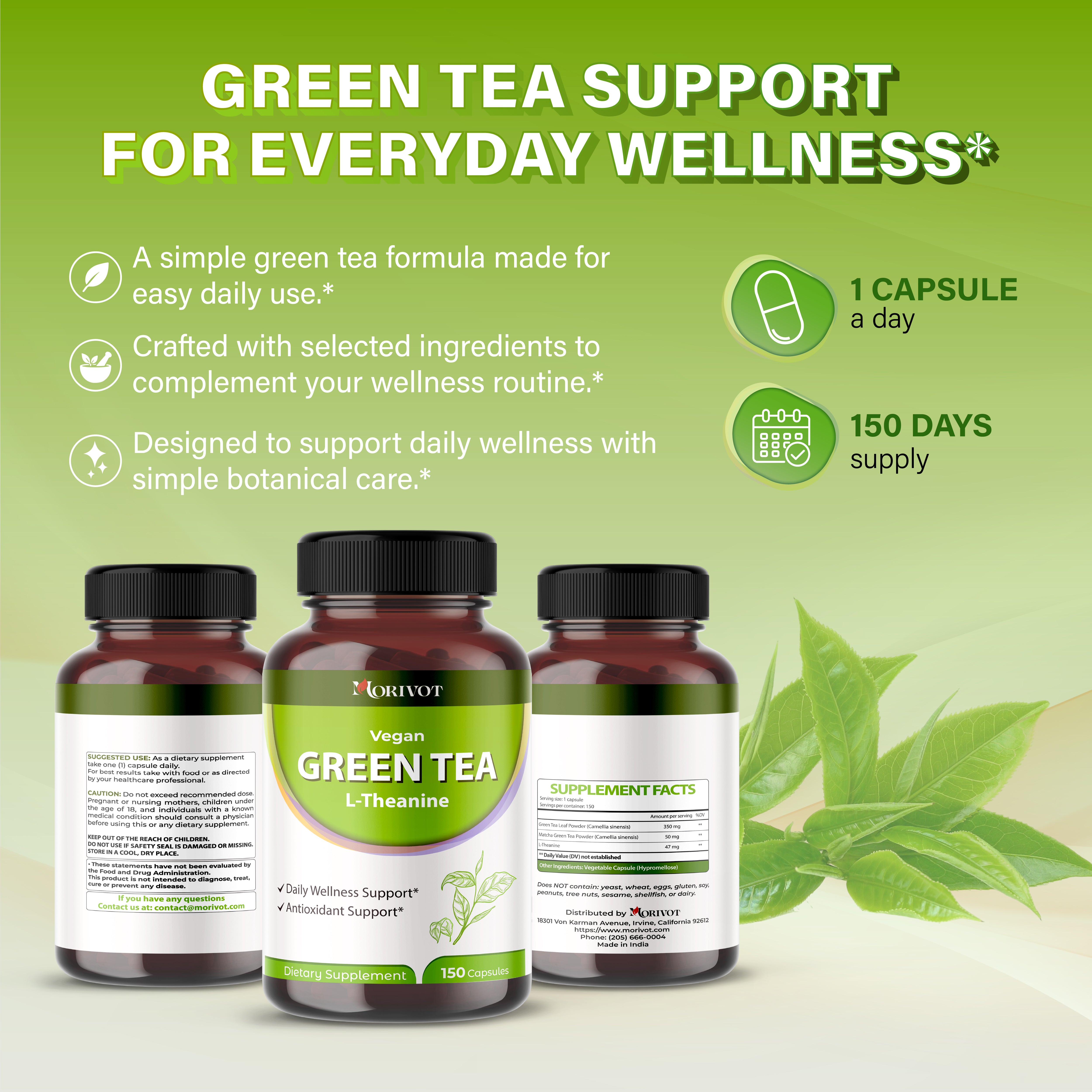 MORIVOT Green Tea L-Theanine Supplement - 150 Capsules